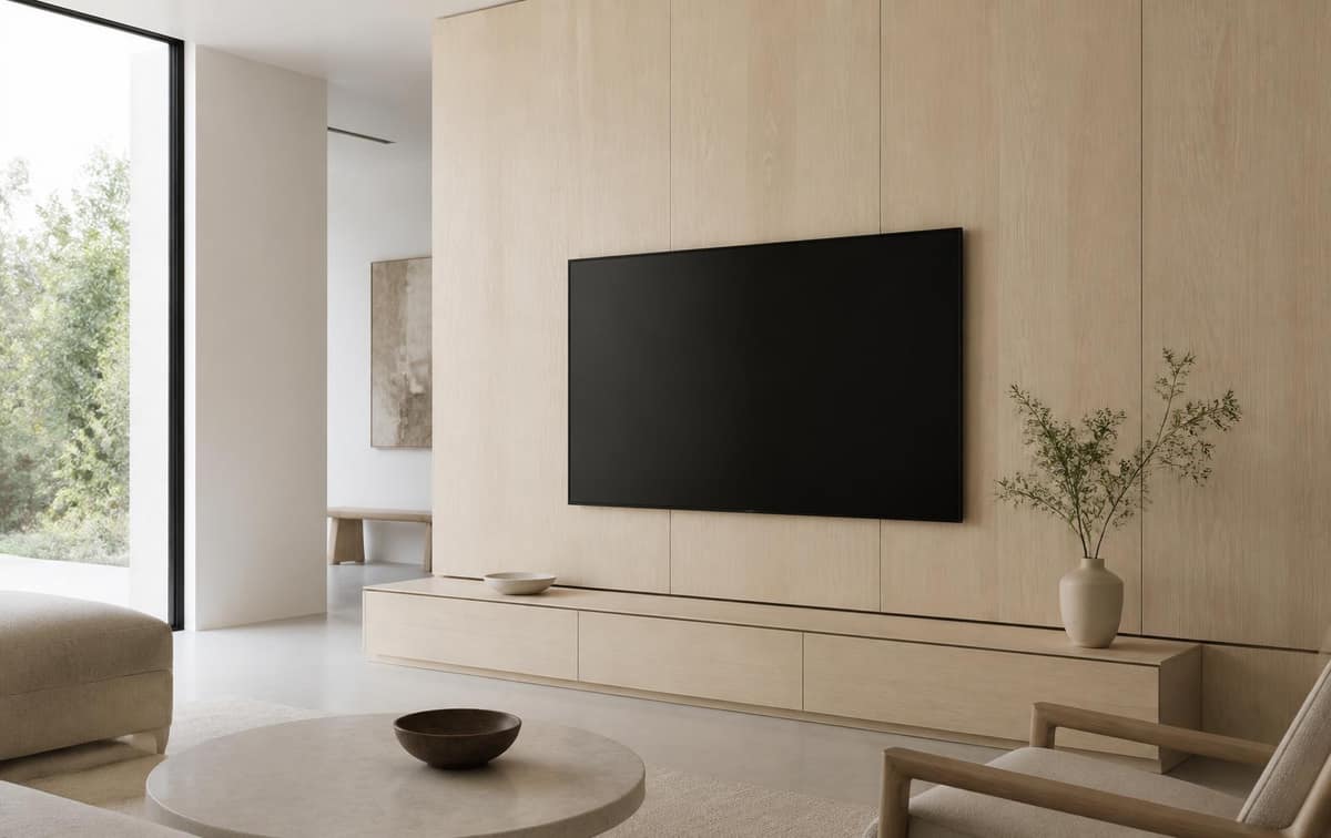 Finished installation: a slim television sitting flush on a paneled media wall
